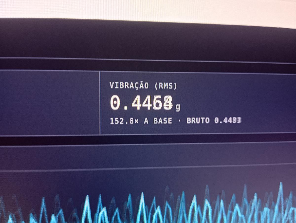 Painel mostrando VIBRAÇÃO RMS 0.4464 g, 152.6 vezes a base